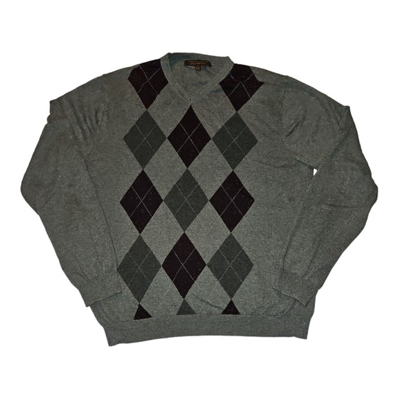 Sebastian Cooper V-Neck Sweater Men's Large Gray Diamond Print Cotton Cashmere - Picture 1 of 7